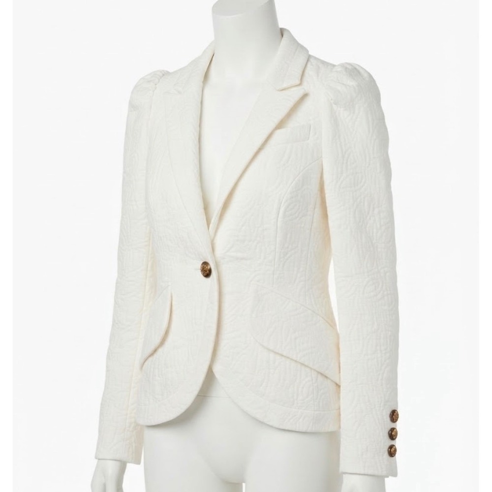 Smythe White Brocade Textured Puff Shoulder Blazer Jacket Size 2 Gold Buttons